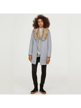 H&M Coat With Faux Fur Collar Grey Sz 2